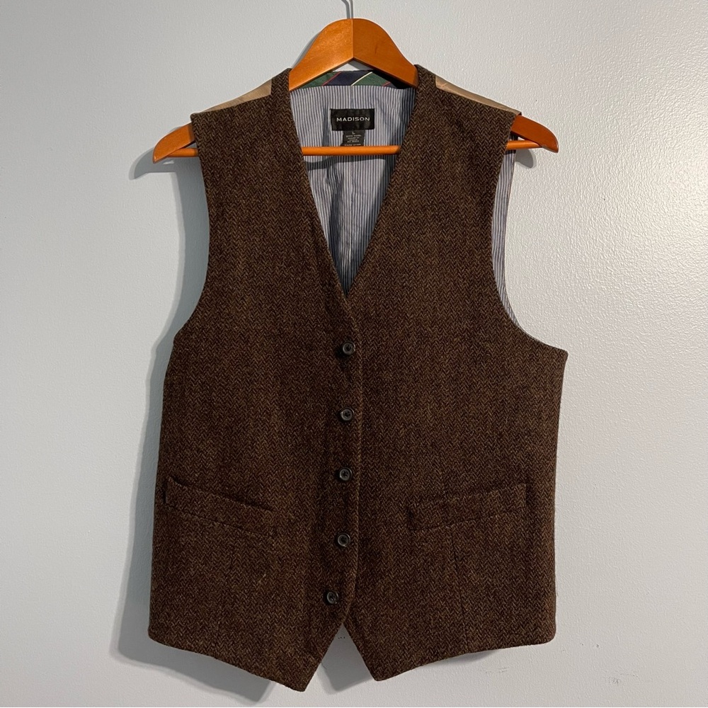 MADISON men’s vintage style 100% wool Brown Tweed Button-Up Vest pockets